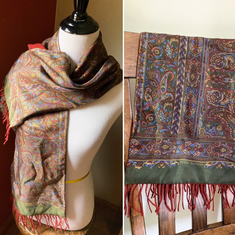 PIERRE BALMAIN Vintage Scarf in Maroon/Multicolor Paisley, VGUC - Picture 2 of 16